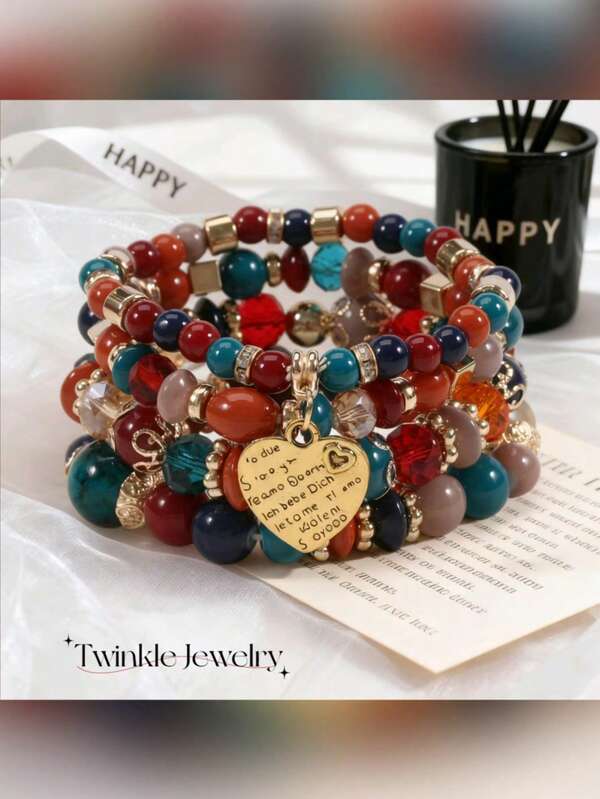 4-teiliges Set, bohemianischer Stil Armband in Herzform, gemischte Farben mit Metall-Anhänger, voller Modebewusstsein, auffallend für Fotos, täglicher Farbschmuck.