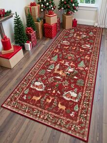 1 Pc Christmas Tree And Santa & Reindeer Beige Carpet, Non-Skid And Washable, Very Suitable For Living Room, Bedroom, Hallway, Indoor And Outdoor Use, Easy Home Christmas Decoration And Room Decoration