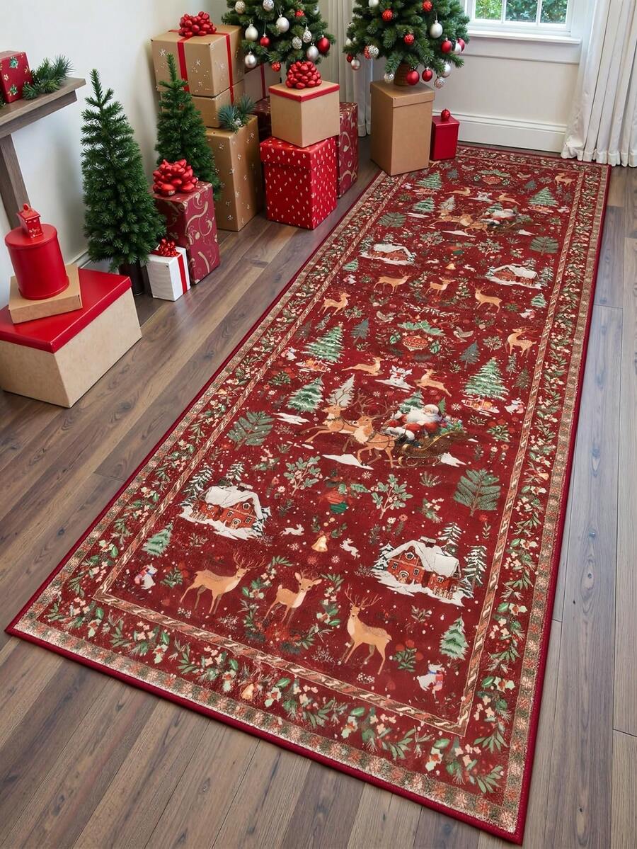 1 Pc Christmas Tree And Santa & Reindeer Beige Carpet, Non-Skid And Washable, Very Suitable For Living Room, Bedroom, Hallway, Indoor And Outdoor Use, Easy Home Christmas Decoration And Room Decoration