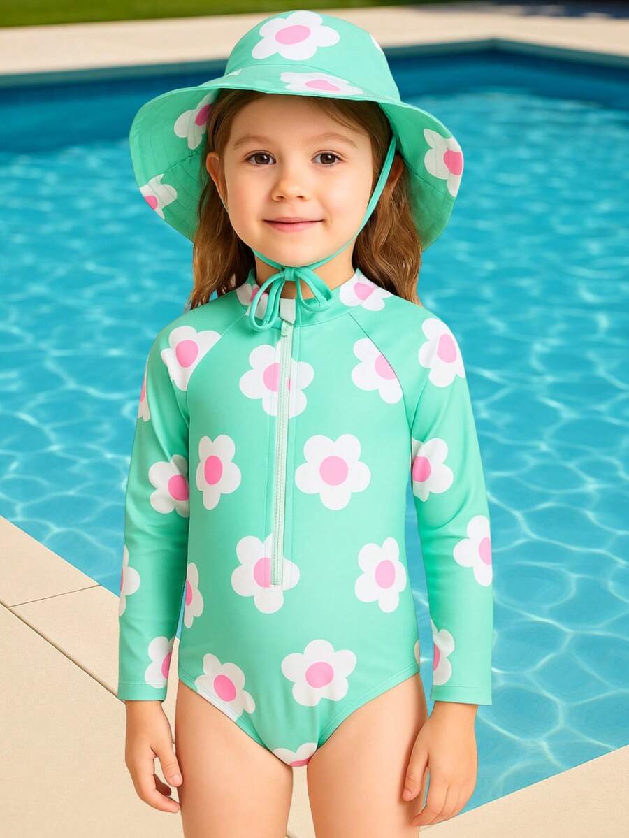 Long Sleeve Swimsuit For Girls With UV 50+ Protection And Hat - 綠色 - 查看 1
