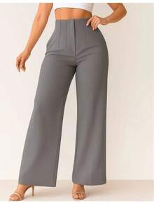 PANTALON ACAMPANADO DE MUJER CON PINZAS ELEGANTE PARA OFICINA - Gris - Ver 1