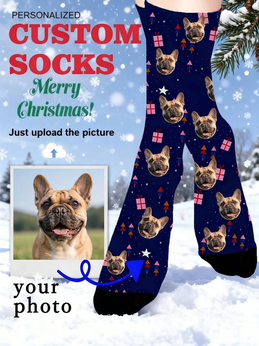 1 Pasang Kaos Kaki Unisex Motif Wajah Hewan Peliharaan Nyaman untuk Liburan, Hadiah Natal, Hadiah untuk Pacar - MultiWarna - View 1