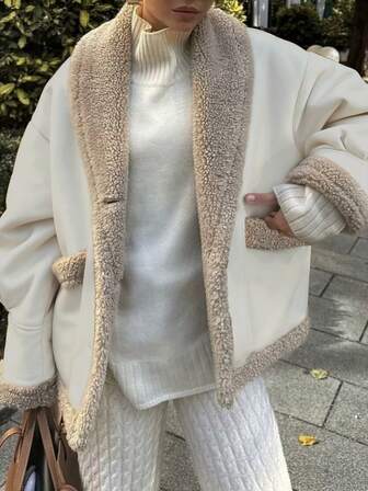 1pc Women's Vintage Lapel Loose Faux Fur Wool Blend Jacket