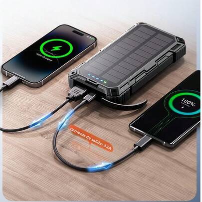 Solar power bank, 20000mAh portable Type-C solar power bank, suitable for all mobile phones, waterproof battery pack, outdoor external backup power charger, three output/LED flashlight, very suitable for camping trips