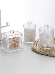 Caja de almacenamiento transparente para el baño, 4 paquetes de cajas de almacenamiento para el baño con tapa, soporte cuadrado pequeño para hisopos, diseño apilable, perfecto para almacenar hilo dental, sales de baño, bolas, etc.