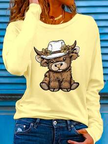 2025 Women's Casual Long Sleeve-Shirt With Cute Highland Cow And Flower Hat Design, Elastic Polyester Blend, Round Neck, Washable - Spring And Summer Casual Daily Wear - 黑色 - 查看 8