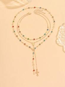 3 件/套复古金色金属耶稣十字架 Y 形长项链，波西米亚风彩色水晶吊坠项链套装，适合女性日常和节日佩戴，送给朋友的礼物（手工制作，长度可调，玻璃水晶颜色和珠子数量随机） - 3件套 - 查看 2