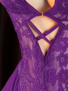 Sexy Lingerie Set - Women's Off-Shoulder Sexy Sleepwear, Hollow-Out Uniform Sexy Underwear - Purple - View 5