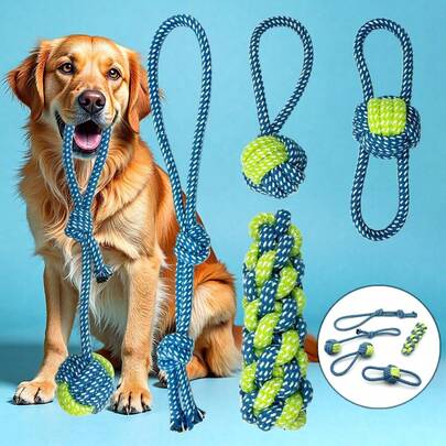 Dog Chew Toys With Knots & Teeth Cleaning - Interactive Training Ropes, For Teething Puppies, Aggressive Chewers, Small/Medium Dogs - Durable Dental Cleaning Knot Toys For Indoor/Outdoor Play, Reinforced Stitching, Medium Breed Dogs Durable Dog & Cat Chew Toy With Blue & Green Knot Design