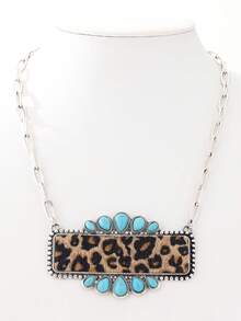 1pc Bohemian Style Leopard Print Leather Geometric Turquoise Pendant Necklace, Women - Necklace - View 16