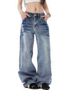 Womens Rivet Wide Leg Jeans Low Rise Baggy Jeans Straight Denim Pants Fall - 藍色 - 查看 6