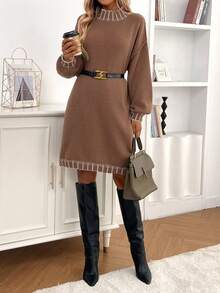 大码女式宽松休闲圆领针织毛衣裙 - 棕色 - 查看 6