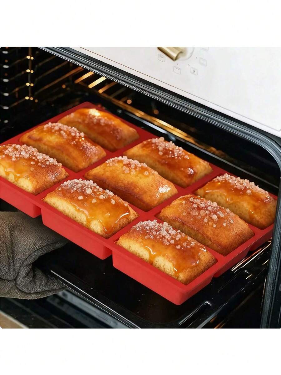 New 1pc Silicone Mini Loaf Pans, Silicone Baking Mold, Non-Stick Mini Bread Pans, 9 Cavities Silicone Bread Baking Mold, Perfect For Mini Loaf, Cake, Bread And Meatloaf, Cake, Brownie, Heat-Resistant Manual Baking Molds For Birthday, Party - Rectangle Shaped Silicone Mold For Soap Making And Desserts - Red - View 1