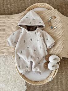 Newborn Baby Boy Thick Jumpsuit With Embroidered Cactus Design, Zipper Closure, Warm For Winter - Beige - View 3