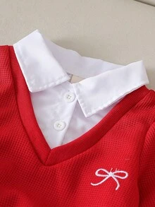 Baby Girls' Fashion Casual Cute Set, Shirt Collar Bow Embroidery 2 In 1 Sweatshirt + Bow Embroidered Cuffed Hem Jeans - Red - View 3
