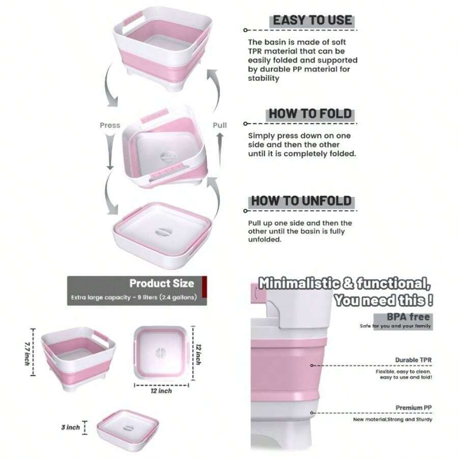 Collapsible Dish Basin With Drain, 9L2.4Gal Capacity, Space Saving Portable Sink Bottle, Kitchen, Camping RV, Gray - 粉色 - 查看 1