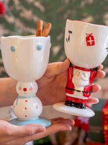 1pc Christmas Ceramic Stemmed Mug Exquisitely Designed Santa Claus And Snowman Stemmed Mug Suitable For Daily Household Use, Party Gatherings, Afternoon Tea Or Coffee Ideal As A Gift Or Christmas Present - Multicolor - View 7