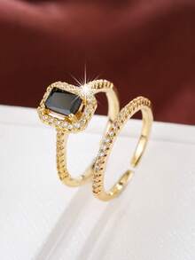 2pcs Gold-Plated Micro-Inlaid Cubic Zirconia Rings, Wedding, Engagement, Proposal Gift Jewelry