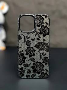 1 pezzo Custodia per telefono con motivo grafico estetico in pizzo floreale nero e argento, compatibile con 16/16Pro/16Plus/16ProMax, 11/11Pro/11ProMax, 12/12Pro/12ProMax, 13/13Pro/13ProMax, 14/14Plus/14Pro/14ProMax, 15/15Pro/15Plus/15ProMax