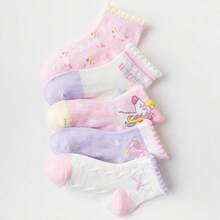 5 Pairs Girls Unicorn Print Socks, Pink, Suitable For Autumn/Winter, All Seasons, For Ages 1-3, 4-7, 8-11, 11-14