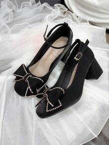 Cute Black High Heels For Teens, Square Toe With Bow & Rhinestone Decor, Elegant For Outdoor Daily, Romantic, Party, Music Performance In Autumn/Winter