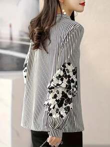 Women's Fashion Loose Striped Button-Front Shirt With Floral Patchwork, Flared Long Sleeves, Stand Collar, Woven Fabric, Autumn Top - Black and White - View 2