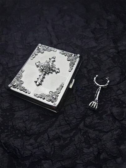 哥特式手工金属烟盒|银玫瑰十字架和仿珍珠点缀设计|20支装旅行必备|复古收藏家居装饰|轻奢耐用的圣诞礼物