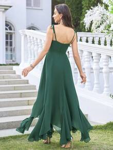 UNITHORSE V-Neck Spaghetti Strap Waist Cinched Tiered Dress, Minimalist Elegant Wedding Guest Gown - Dark Green - View 2