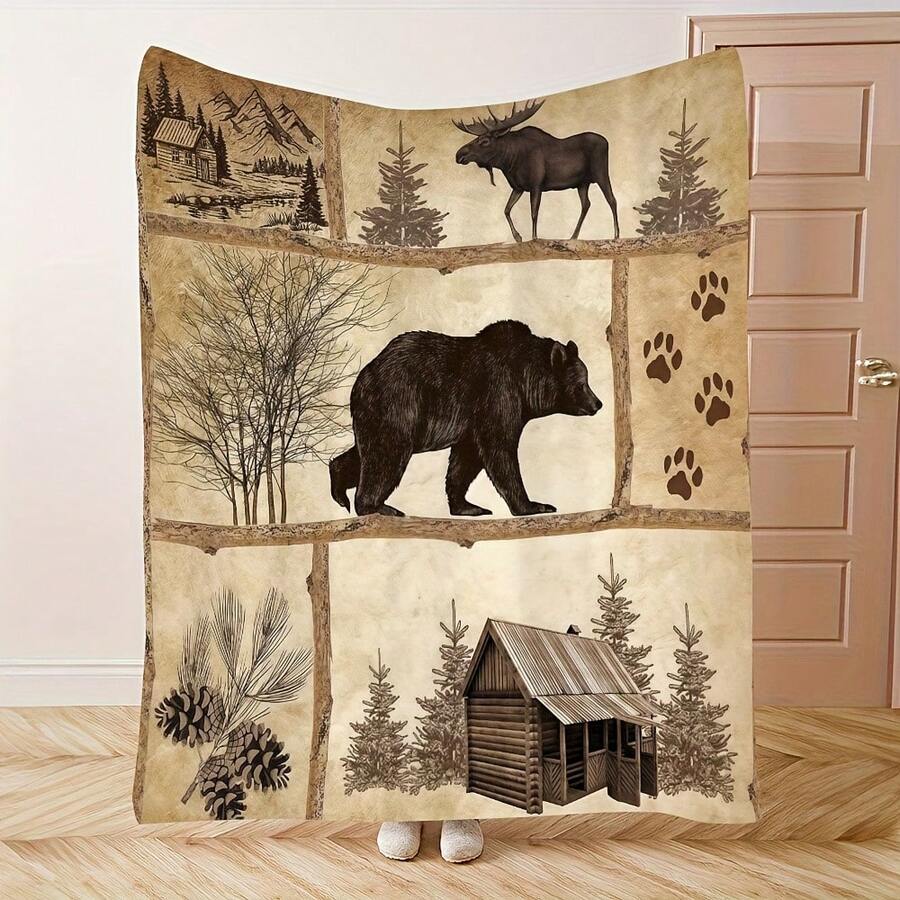 Deep Forest Theme, Bigfoot And Forest, Elk, Bear Patterns,Super Soft Flannel Printed Blanket,As Birthday Gifts, Family, Wedding, Souvenir Blankets, Polyester Blankets Suitable For All Seasons, Washable, Machine Washable, Lightweight, Breathable, Comfortable, Warm, Unique, 280gsm For Him, Her Personalized Ideal Gifts For Her, Him, Family, Boyfriend, Girlfriend, Father, Family, Mother, Lover, Daughter, Son, Grandfather, Grandmother, Friend, Classmate, Pet. Perfect Nap, Camping, Travel, Home, Daily Life, Office Decoration, Birthday, Anniversary, Valentine's Day, Thanksgiving, Christmas, Halloween, Mother's Day, Father's Day, Wedding, New Year Gifts ,Sofa,Bed,Car,Bedroom,Living Room,Office, Outdoor Camping, Beach,Wall Decoration - 多色13 - 查看 1