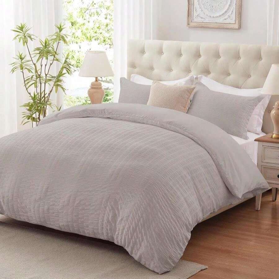 Cozyide White Duvet Cover Queen Size, 3 Pieces Bedding Duvet Covers, Soft Breathable Seersucker Duvet Cover Set With Zipper Closure And Corner Ties (1 Duvet Cover 90"X90" + 2 Pillow Shams 20"X26") - ColorC - 查看 1