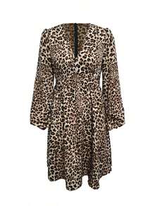 Vestido casual con estampado de leopardo, mangas farol y cuello en V - Marrón - Ver 5