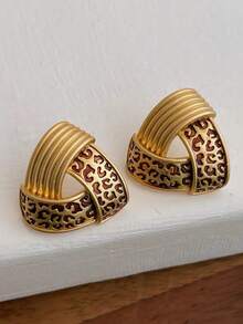 1 Pair Minimalist Vintage Leopard Print Geometric Stud Earrings Suitable For Women's Daily Casual Wear - Brown + Gold - View 2