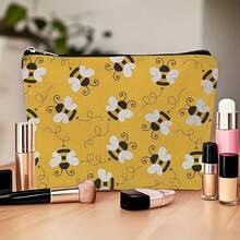 Sac de maquillage imprimé avec motif mignon de miel et fermeture éclair. Sac de cosmétiques et de toilette au style boho floral. Sac réutilisable pour médicaments, sac de rangement pour stylos et accessoires esthétiques animaux. Sac de rangement pour le maquillage et les voyages. Pour l'école, la décoration d'été, le rangement de collations. 23 cm x 15 cm