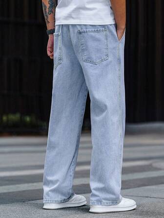 Loose Straight Leg Jeans, Fashionable Washed Cotton Denim, Casual Straight Wide Leg Elastic Waist Jeans For Men, Couple Matching Gift