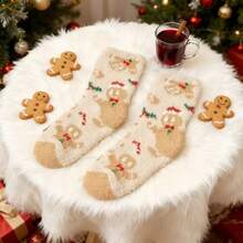 1 Pair Unisex Gingerbread Coral Fleece Socks, Comfortable Warm Mid-Calf Socks With Holiday Patterns, 95% Polyester, 5% Spandex, Suitable For Home Wear And Holiday Gifts - Multicolor - View 2