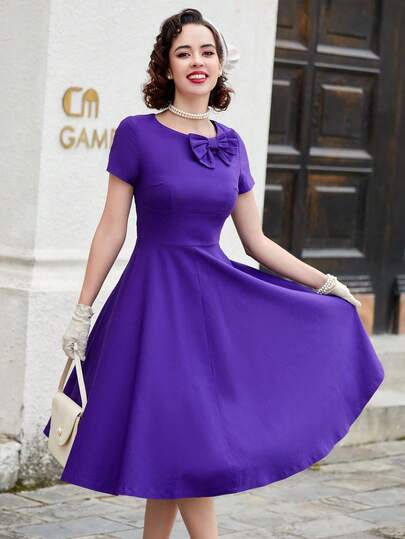 Elegant Bow Decoration Round Neck Short Sleeve Corset Waist Swing A-Line Vintage Dating Party Women's Dresses