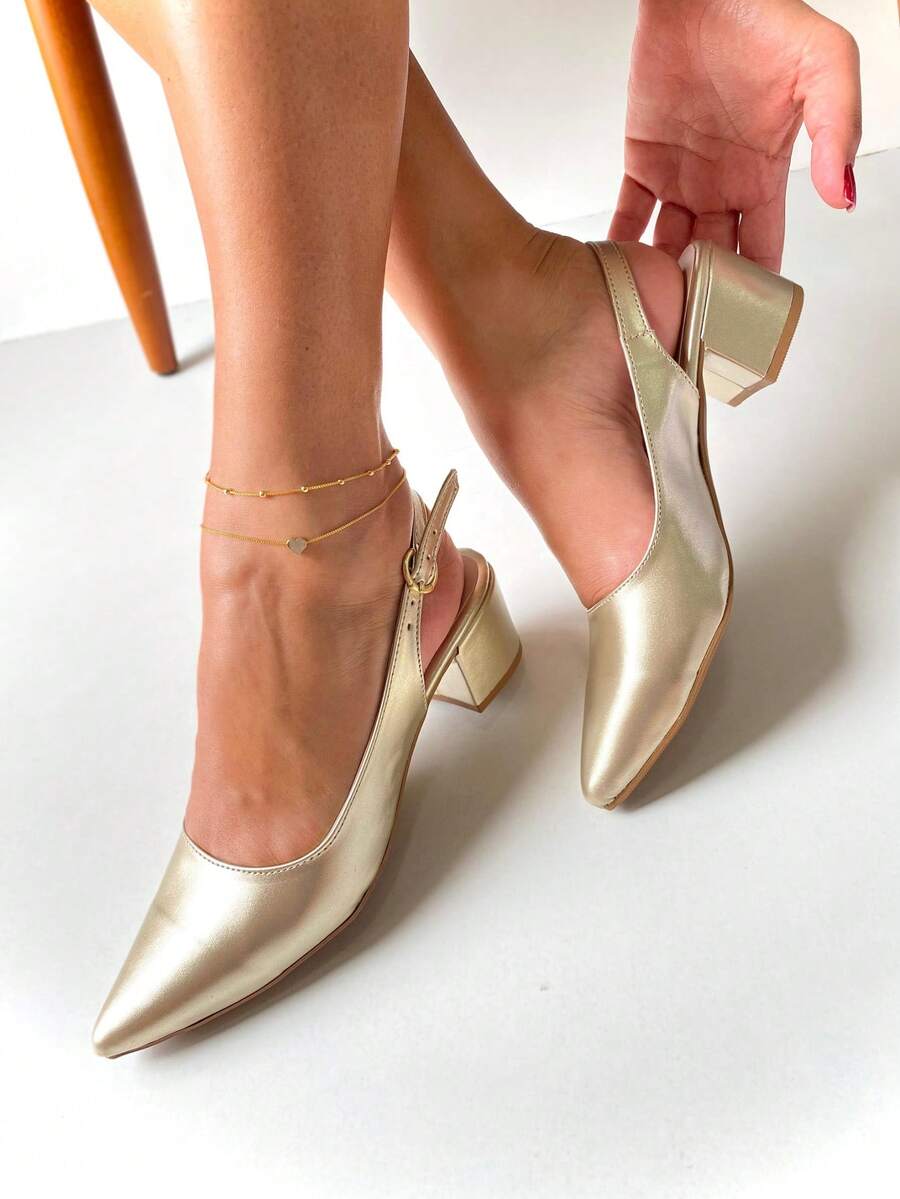 Elegant Block Heel Sandal, Pointed Toe, Closed Toe, Back Opening, Metallic Gold - Gold - View 1