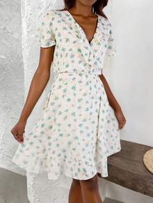 Vestido elegante de mujer con estampado floral, cuello en V, manga corta, bajo con volantes, corte A, tejido ligeramente elástico - Verde - Ver 1