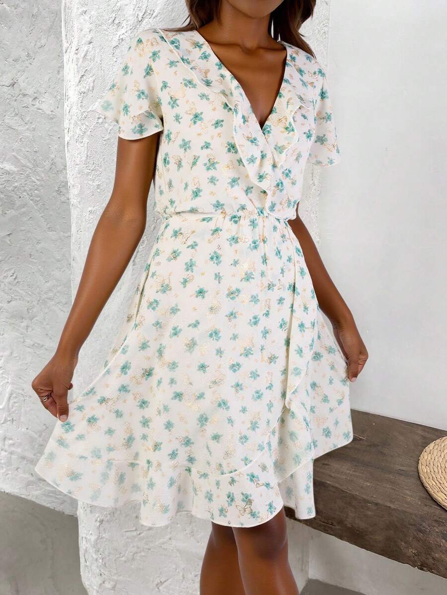 Vestido elegante de mujer con estampado floral, cuello en V, manga corta, bajo con volantes, corte A, tejido ligeramente elástico - Verde - Ver 1