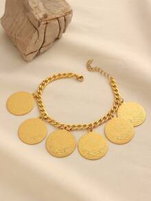 1pc Vintage Chunky Copper Alloy Gold Plated 6-Coin Tassel Bracelet, Suitable For Women's Daily Wear And Holiday Gifts
