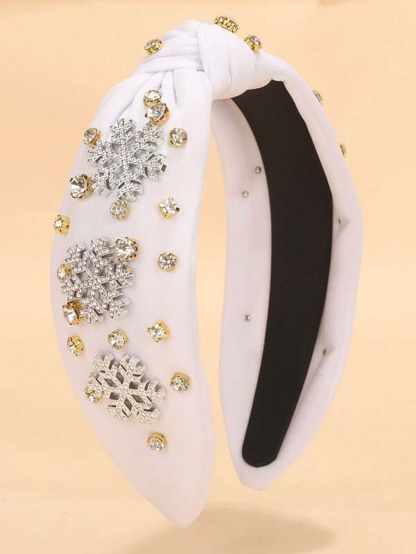 1 قطعة شريط رأس للنساء في عيد الميلاد، شريط رأس مزين بكريستال وخرز صناعي، عقدة عريضة في الأعلى، إكسسوار شعر للأعياد، هدية لزي عيد الميلاد، بلون أبيض بنقوش ثلجية، حلقة شعر