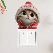 Pegatinas de PVC con diseño de gato lindo con gorro de Navidad de punto para decoración navideña del hogar, fácil de pegar sin dejar residuos, removible y autoadhesivo para baño, puertas de vidrio y interruptores de luz, diseño festivo de gato de ojos grandes y forma asimétrica para un ajuste perfecto, pegatinas de PVC estilo de dibujos animados para decoración navideña de ventanas