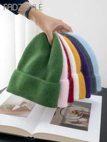 FADZOYLE 1pc Women's Knitted Cuffed Beanie, Soft Loose Warm Comfortable Knit Hat, Unisex Adult Ski Running Cap, Winter - Dark Green - View 3