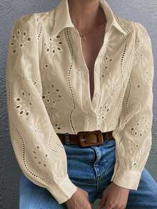 Vaiaye Women's Embroidered Solid Color Lace-Up Long Sleeve Top, Suitable For Valentine's Day, Everyday Wear, Travel, Mother's Day, Birthday And Party Occasions - Apricot - View 2