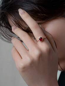 BALMORA 1 chiếc nhẫn bạc nguyên chất mạ vàng 18K đính đá Ruby Zirconia cổ điển S925, món quà thanh lịch và tinh tế dành cho cô ấy - Hoa hồng vàng - Xem 3