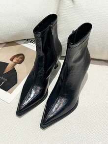 2025 高跟尖头棕色绒面细跟踝靴，女鞋，2025 年秋冬新品，小猫高跟鞋 - 黑色 - 查看 4