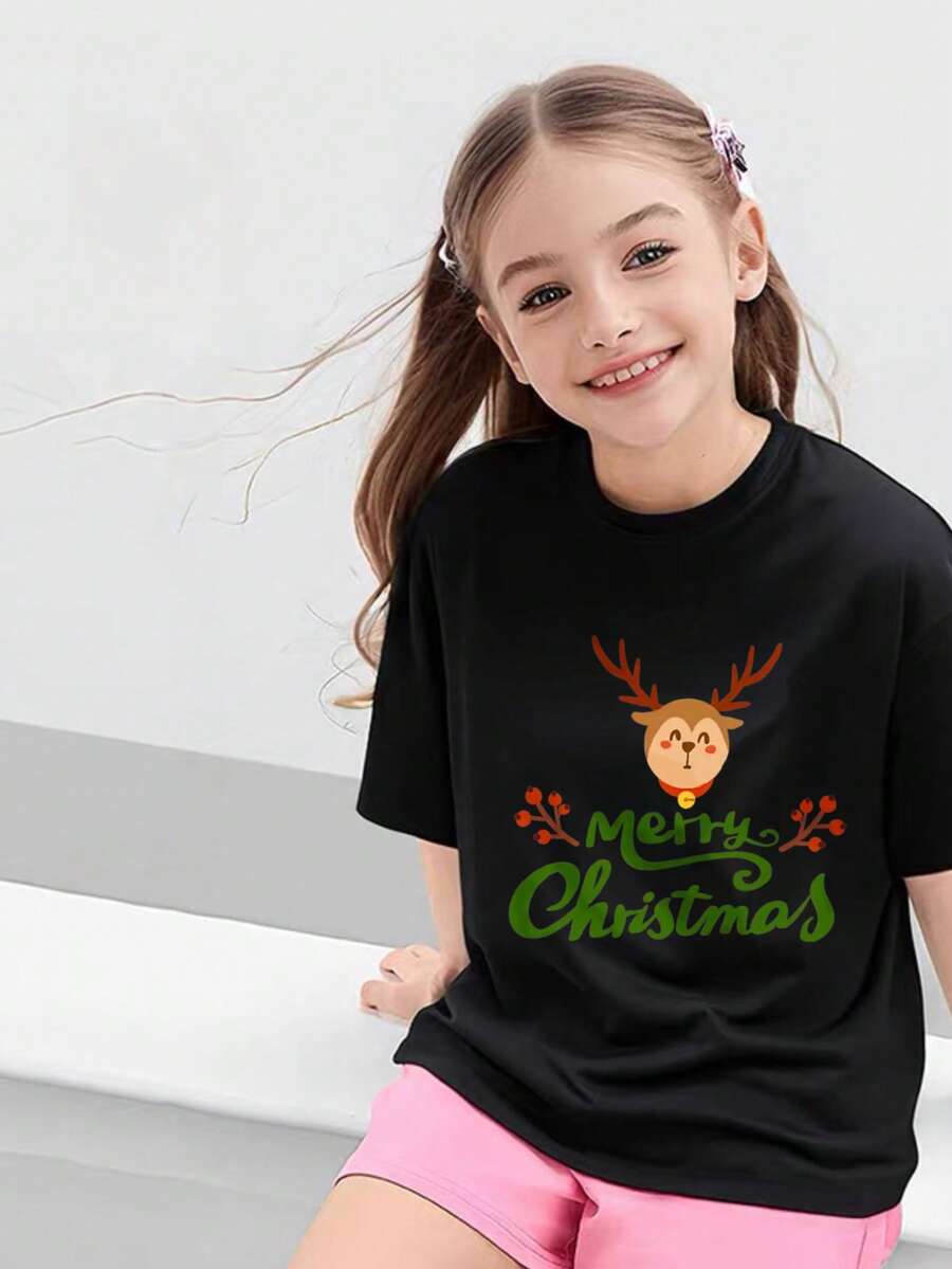 Camiseta de manga corta Niña Algodón 100% Verano Renos Feliz Navidad - Negro - Ver 1