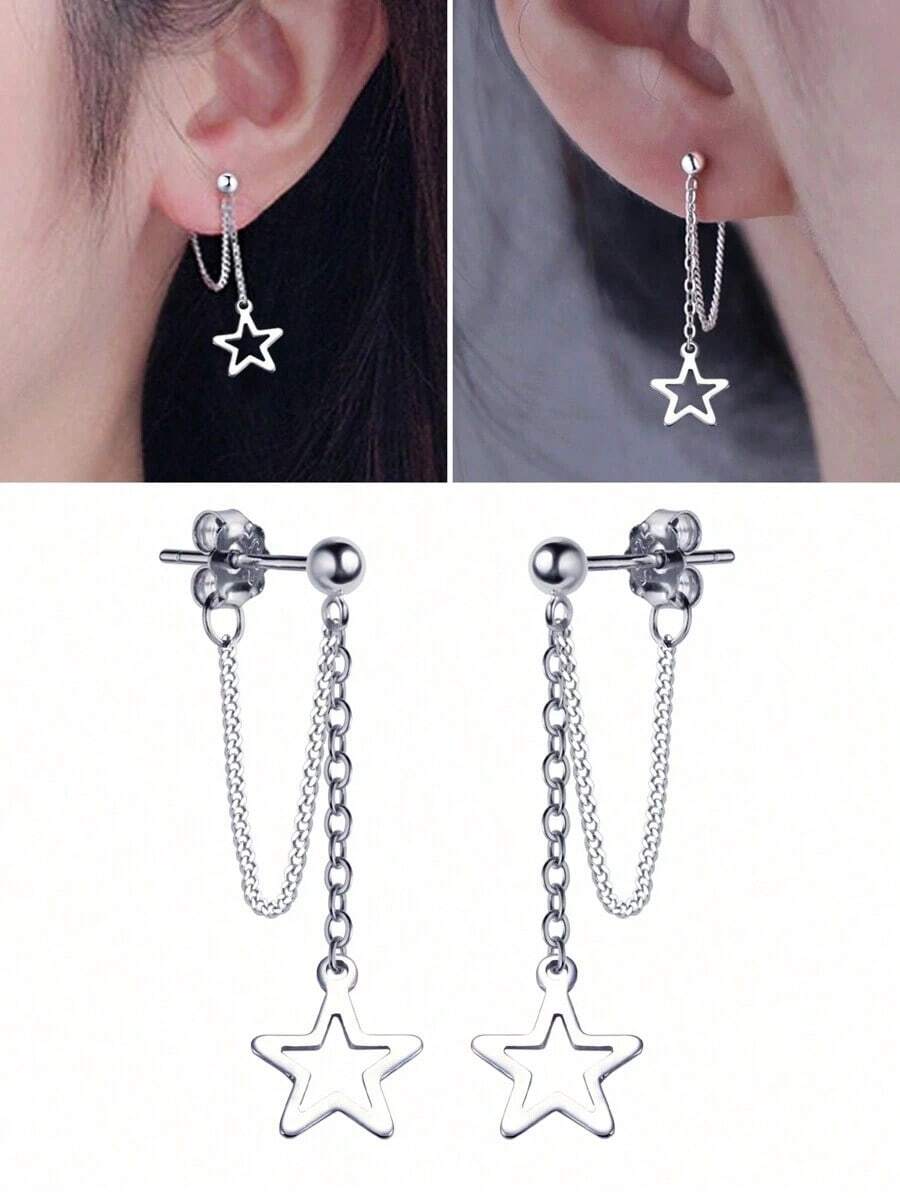 1pair Stainless Steel Hollow Out Star Pendant Front Back Hypoallergenic Pin Earrings - 銀色 - 查看 1
