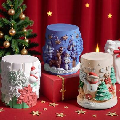 Molde de silicone da série de cilindros de Natal, 1 peça, para gravação em relevo de boneco de neve e floco de neve, gravação em relevo de árvore de Natal de boneco de gengibre, gravação em relevo de árvore de Natal de rena; usado na fabricação de velas perfumadas, sabonetes artesanais e artesanato em gesso colorido.