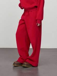 Women's Track Pants Elastic Waist Solid Color Causal Wide Leg Lounge Trousers With Pockets - Red - View 2